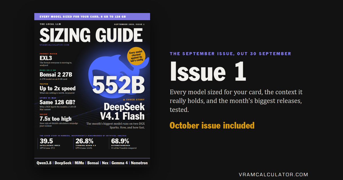 The Local LLM Sizing Guide, Issue 1, September 2026: cover story DeepSeek V4.1 Flash, 552B on two DGX Sparks, with every model sized for every card from 8 GB to 128 GB