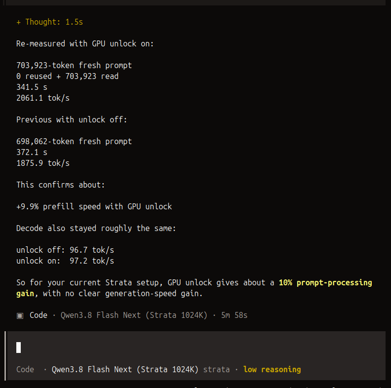 Terminal screenshot by @StanislawWeston of Strata with Qwen3.8 Flash Next at 1024K: 703,923-token prompt in 341.5 s at 2061.1 tok/s with unlock on, 698,062 tokens at 1875.9 tok/s with it off, decode 97.2 and 96.7 tok/s