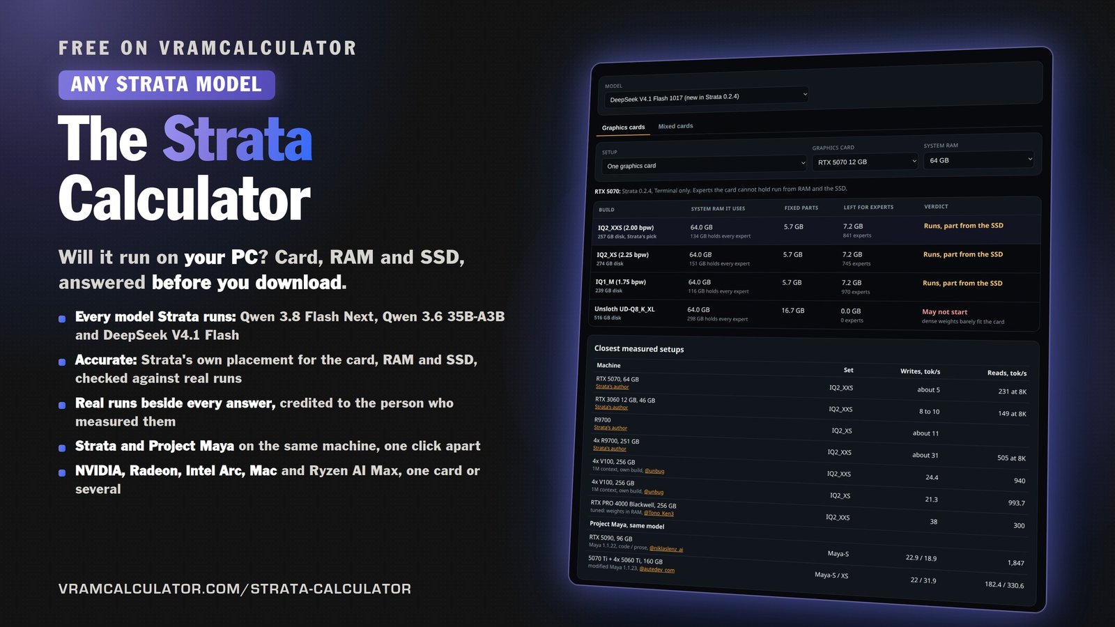 Strata calculator: which build of Qwen 3.8 Flash Next, Qwen 3.6 35B-A3B or DeepSeek V4.1 Flash your GPU, RAM and SSD can run, with real runs beside it